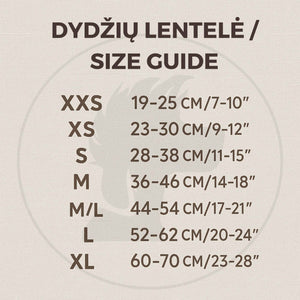 Size guide chart for clothing measurements in centimeters and inches on a textured beige background.