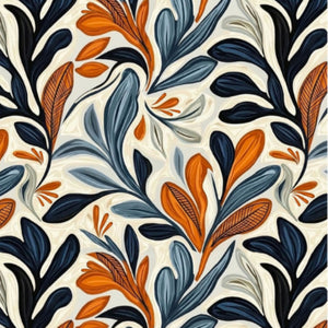 Close-up of the Autumn Bloom botanical pattern with orange, dark navy and blue-grey leaves on a warm cream background.