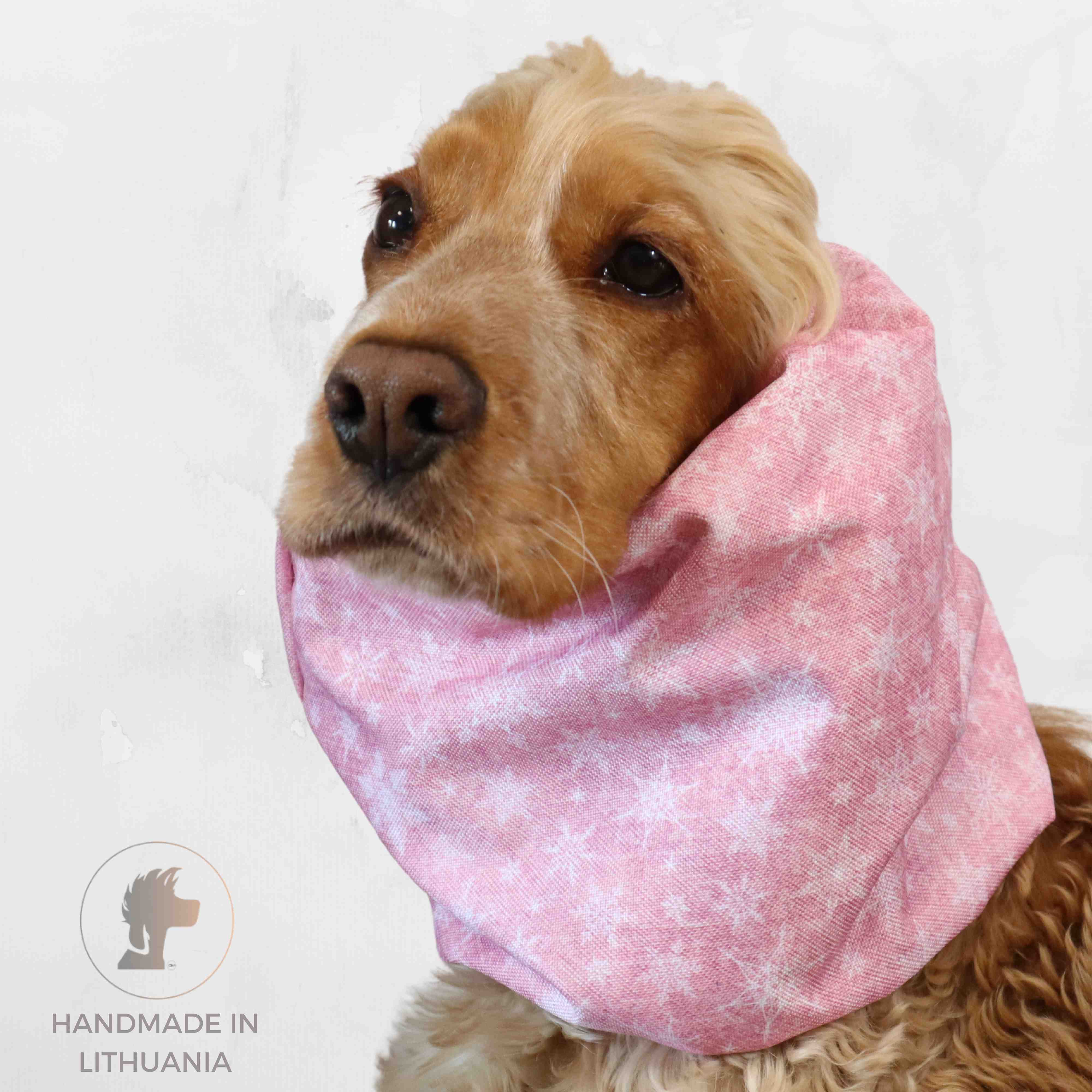 Waterproof Dog Snood | Snowflakes in Pastel Pink