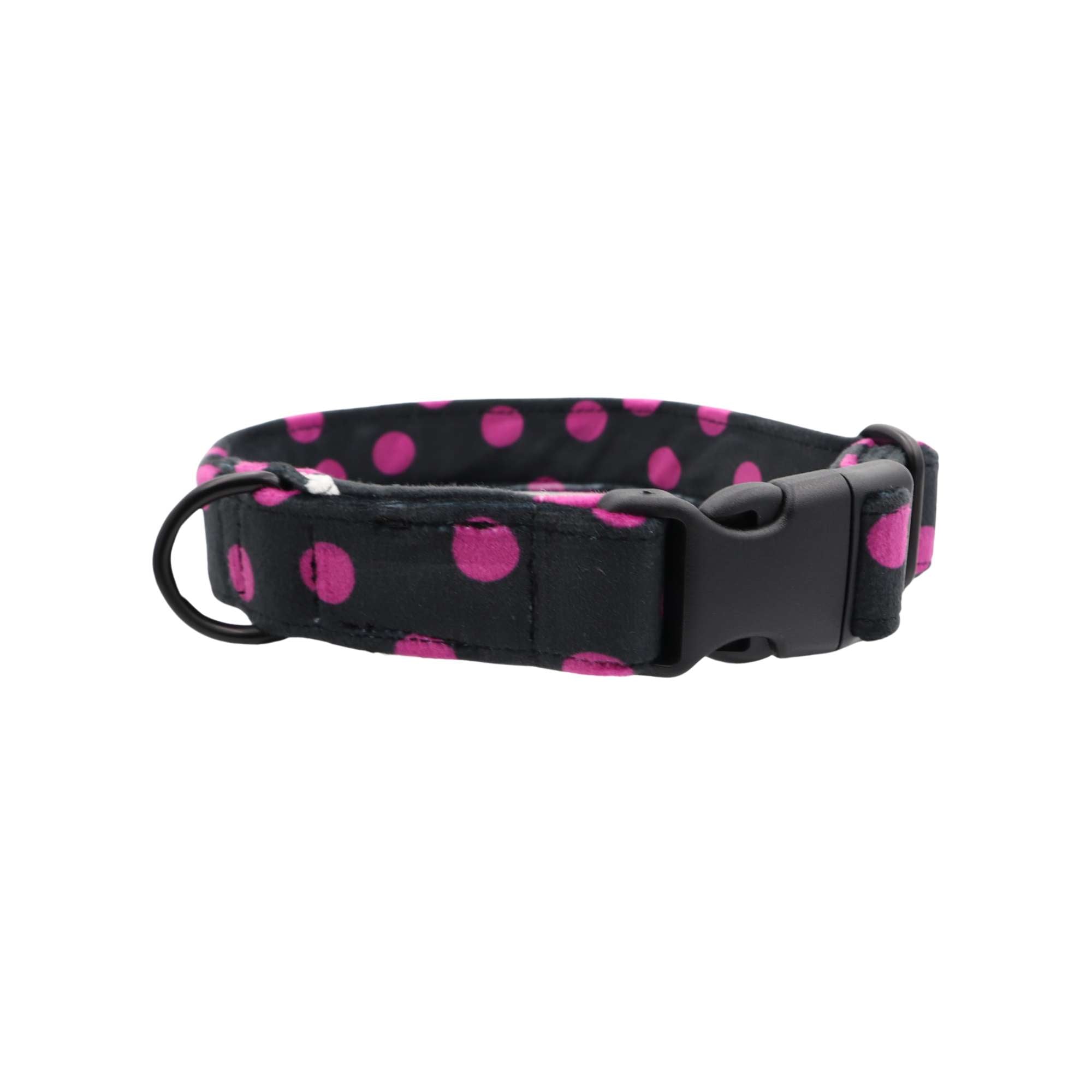 Adjustable velvet dog collar in black with pink dots, by Distinguish Me