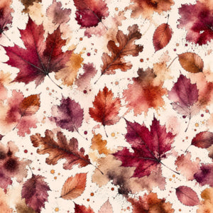 Close-up of the Autumn Maple pattern with burgundy, red, orange and brown autumn leaves on a light cream background.