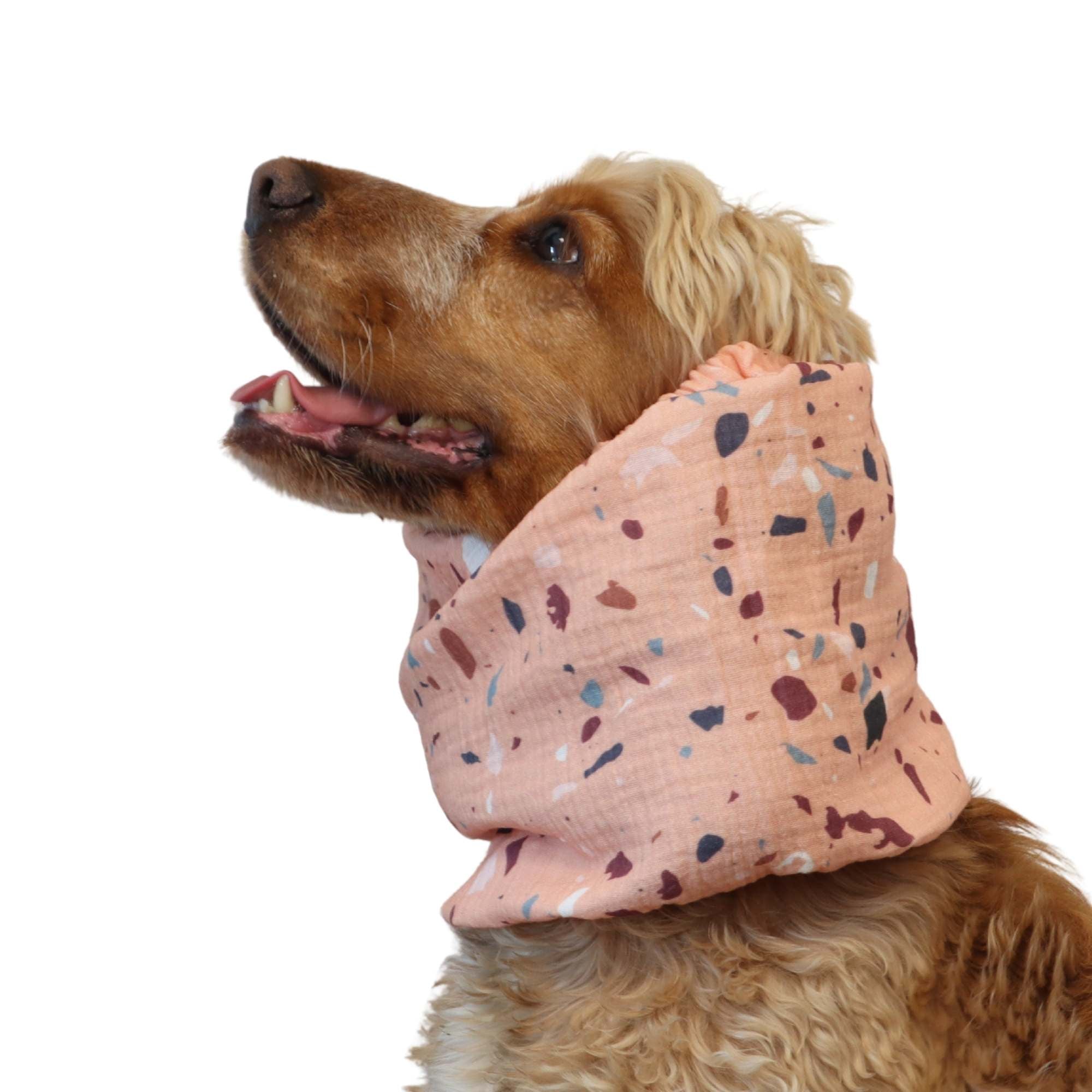 spaniel wearing boho style terrazzo cotton muslin snood for long ears by Distinguish Me