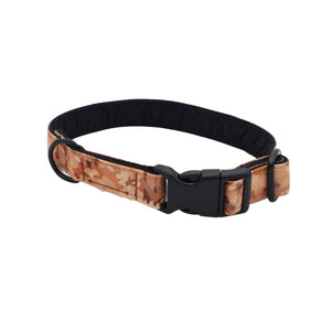 Stylish floral dog collar with earthy blush tones, black hardware and soft inner padding