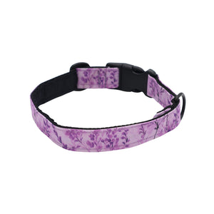 Purple floral patterned dog collar on a white background