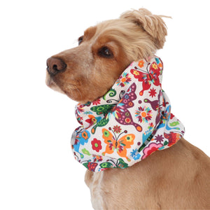 Golden English Cocker Spaniel wearing a colorful cotton dog snood patterned with butterflies, flowers .