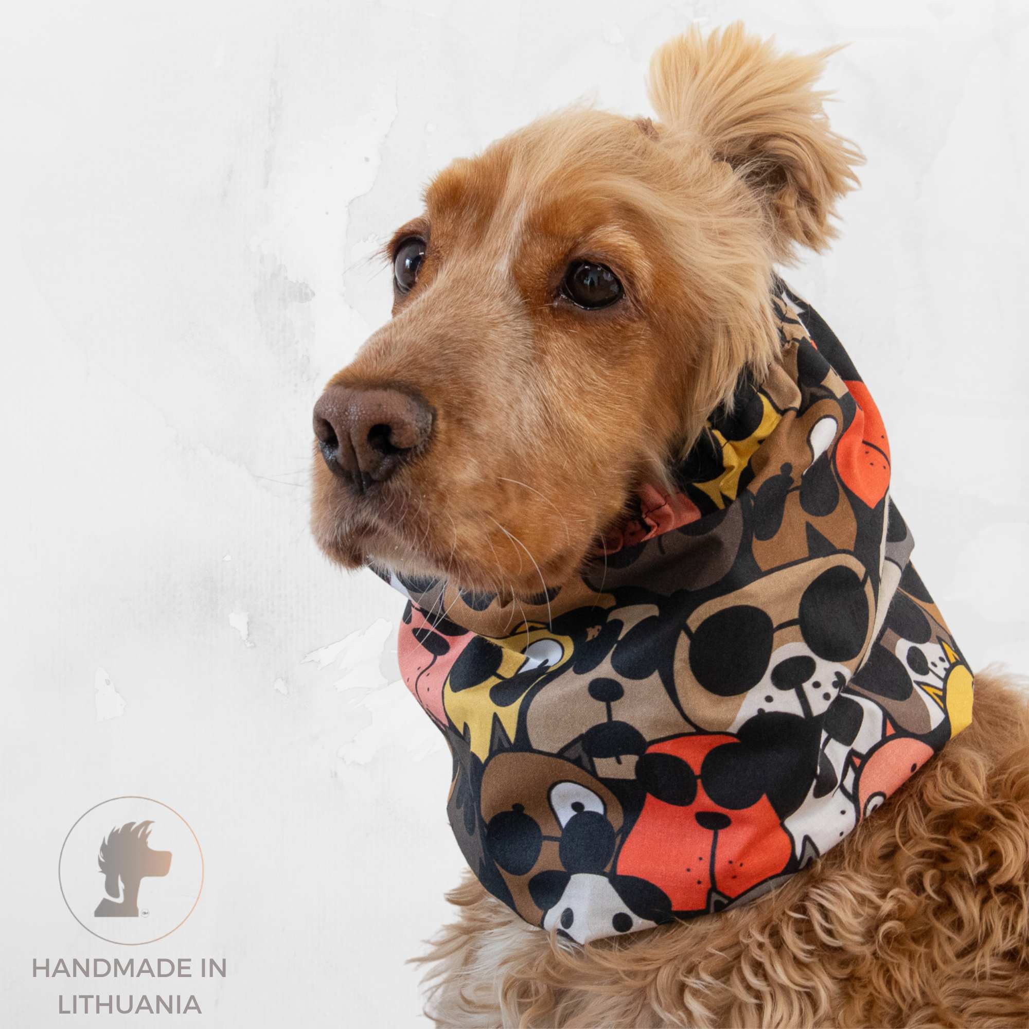 Cotton summer dog snood with Cool Dogs print for long eared dogs, handmade by Distinguish Me