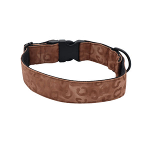 Adjustable fabric dog collar in Sand Leopard design with soft animal print and black hardware