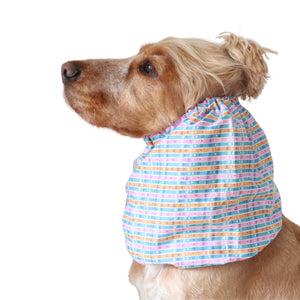 Distinguish Me Pastel Rhythm snood shown on a Cocker Spaniel with cotton, feeding, walking and summer-use information.