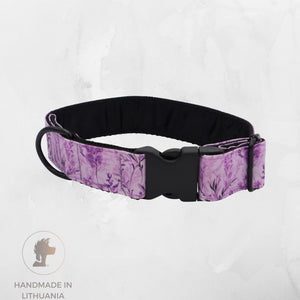 Distinguish Me Lavender Meadow handmade fabric dog collar with soft purple botanical pattern