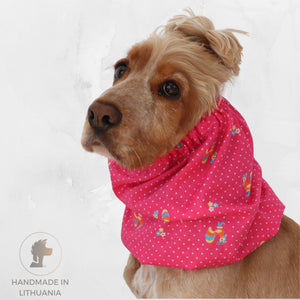 Golden English Cocker Spaniel wearing a bright pink cotton snood with vintage roosters, tiny flowers and white dots.