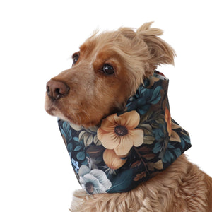 Distinguish me waterproof dog snood Forest Bouquet with moody flowers on deep teal background for long-eared dogs
