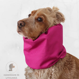 Cocker spaniel wearing Distinguish me Dark Pink thick double waterproof dog snood in bright fuchsia color