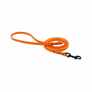 An orange dog leash with a black metal clip, coiled on a plain white background.