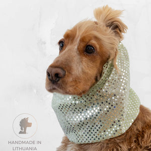 Shiny champagne dog snood for long eared dogs, stylish fashion dog accessory by Distinguish Me