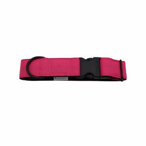 A pink dog collar with a black plastic buckle and a black metal D-ring, shown against a plain white background.