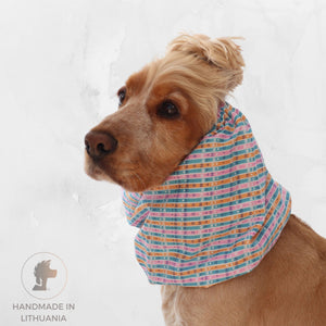 Distinguish Me Pastel Rhythm snood shown on a Cocker Spaniel with cotton, feeding, walking and summer-use information.