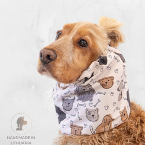 Waterproof dog snood with Dogs Life print, long ear dog ear cover by Distinguish Me