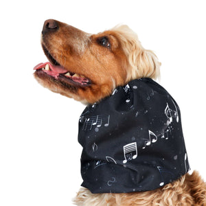 Black waterproof dog snood with music note print – ear protector for Beagles, Poodles, and long-eared dogs