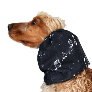 Black waterproof dog snood with music note print – ear protector for Beagles, Poodles, and long-eared dogs