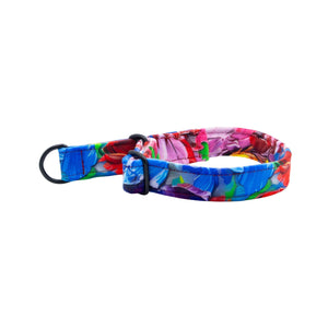 Colorful dog collar with floral pattern on a white background