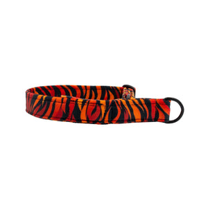Fire velour dog collar in fiery red, orange, and black stripes, handmade luxury pet accessory by Distinguish Me
