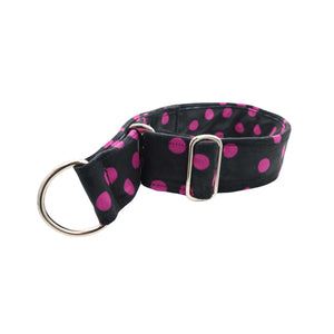 Luxury velour dog collar with pink polka dots, handmade by Distinguish Me