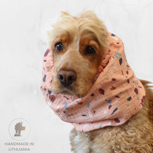 Cocker spaniel wearing boho style terrazzo cotton muslin snood for long ears by Distinguish Me