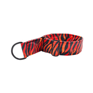 Fire velour dog collar in fiery red, orange, and black stripes, handmade luxury pet accessory by Distinguish Me