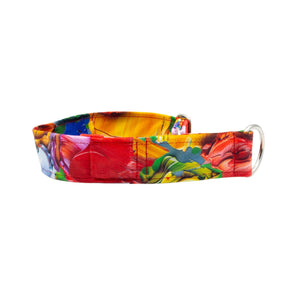 Colorful dog collar with a floral pattern on a white background