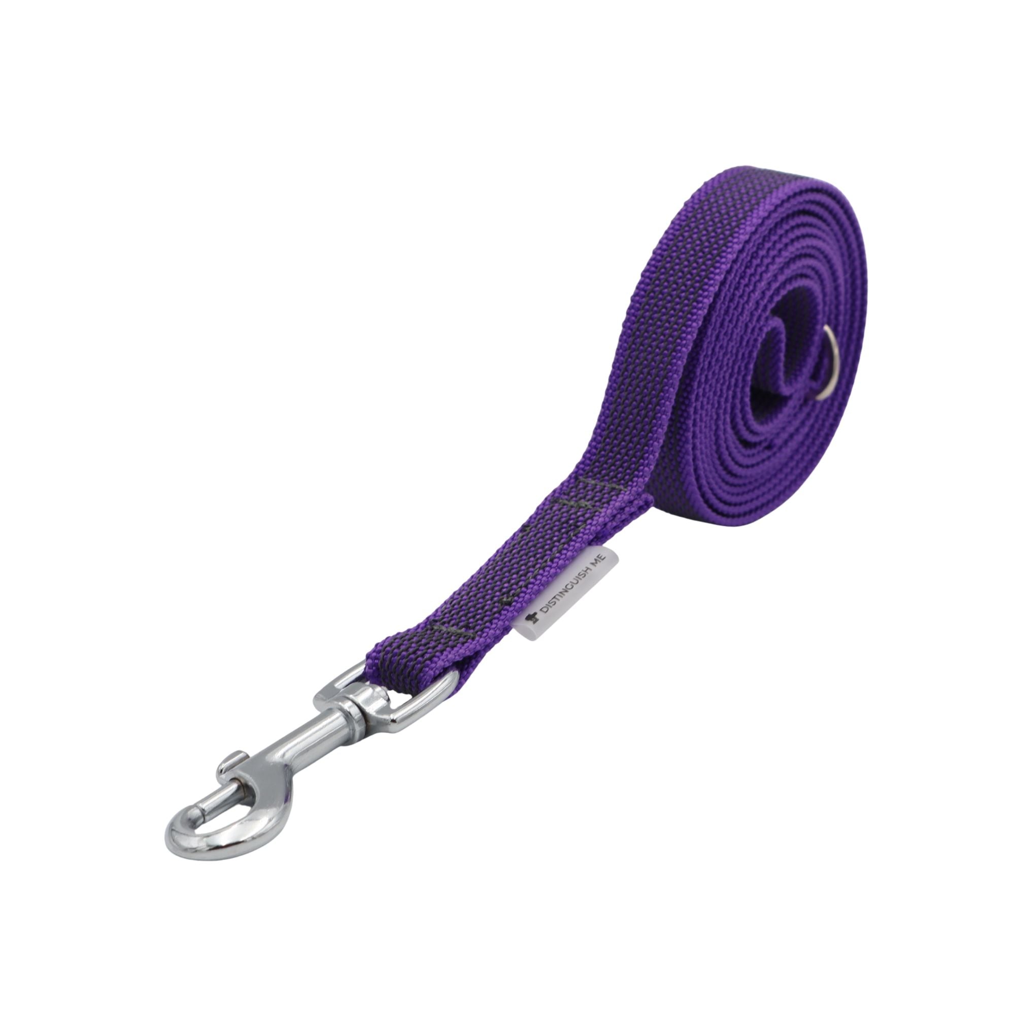 A purple woven dog leash with a silver metal swivel snap hook and a small silver tag, shown coiled on a plain white background.