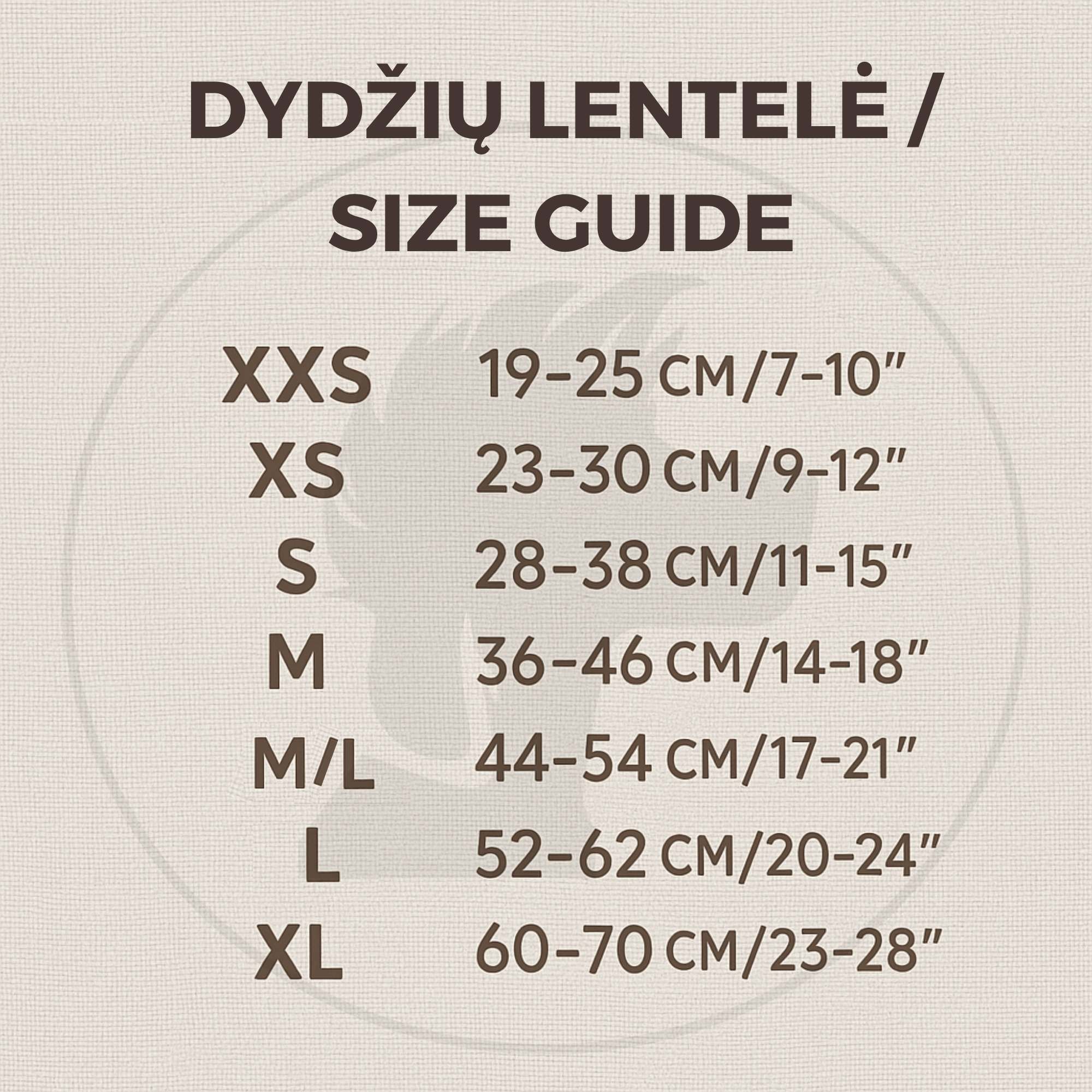 Size guide chart for collars measurements in centimeters and inches on a textured beige background.