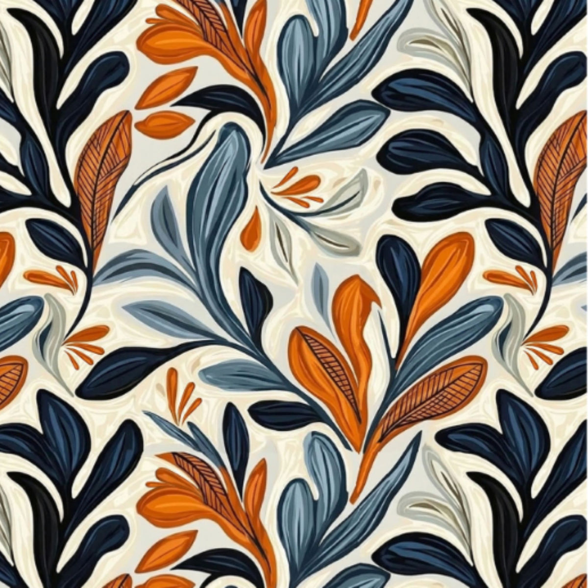 Close-up of the Autumn Bloom botanical pattern with orange, dark navy and blue-grey leaves on a warm cream background.