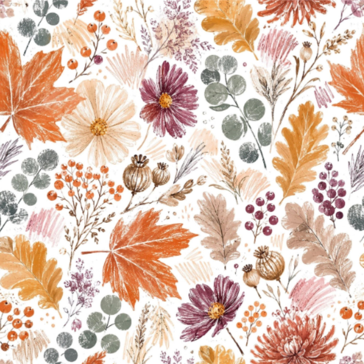 Close-up of the Autumn Garden botanical pattern with orange and burgundy flowers, autumn leaves and muted green foliage on a light background.