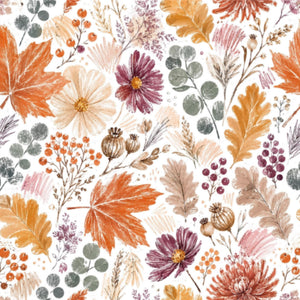 Close-up of the Autumn Garden botanical pattern with orange and burgundy flowers, autumn leaves and muted green foliage on a light background.