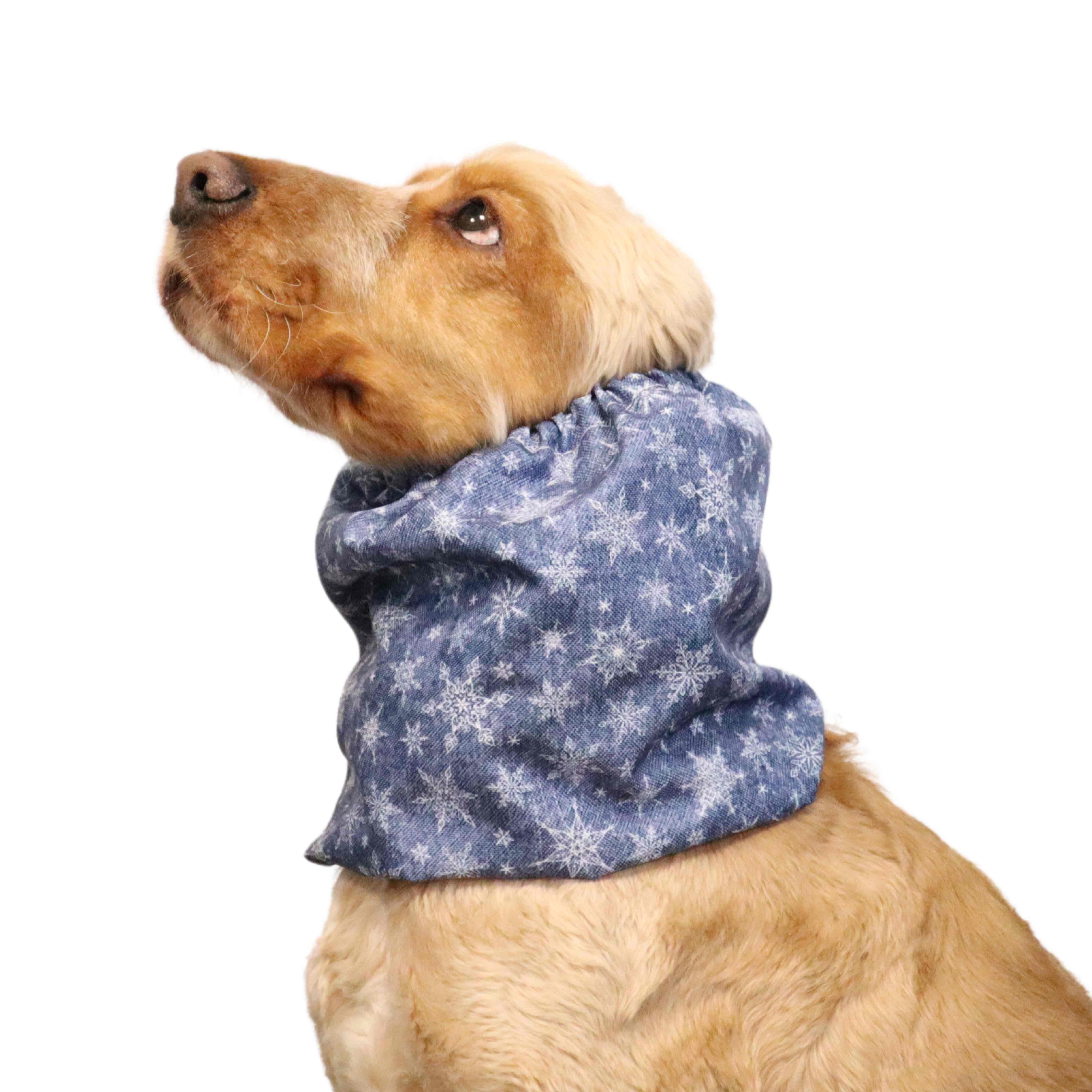 Dog with Waterproof Dog Snood with Snowflakes In Jeans Blue print by Distinguish Me