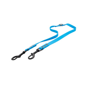 Blue dog leash with black clips on a white background