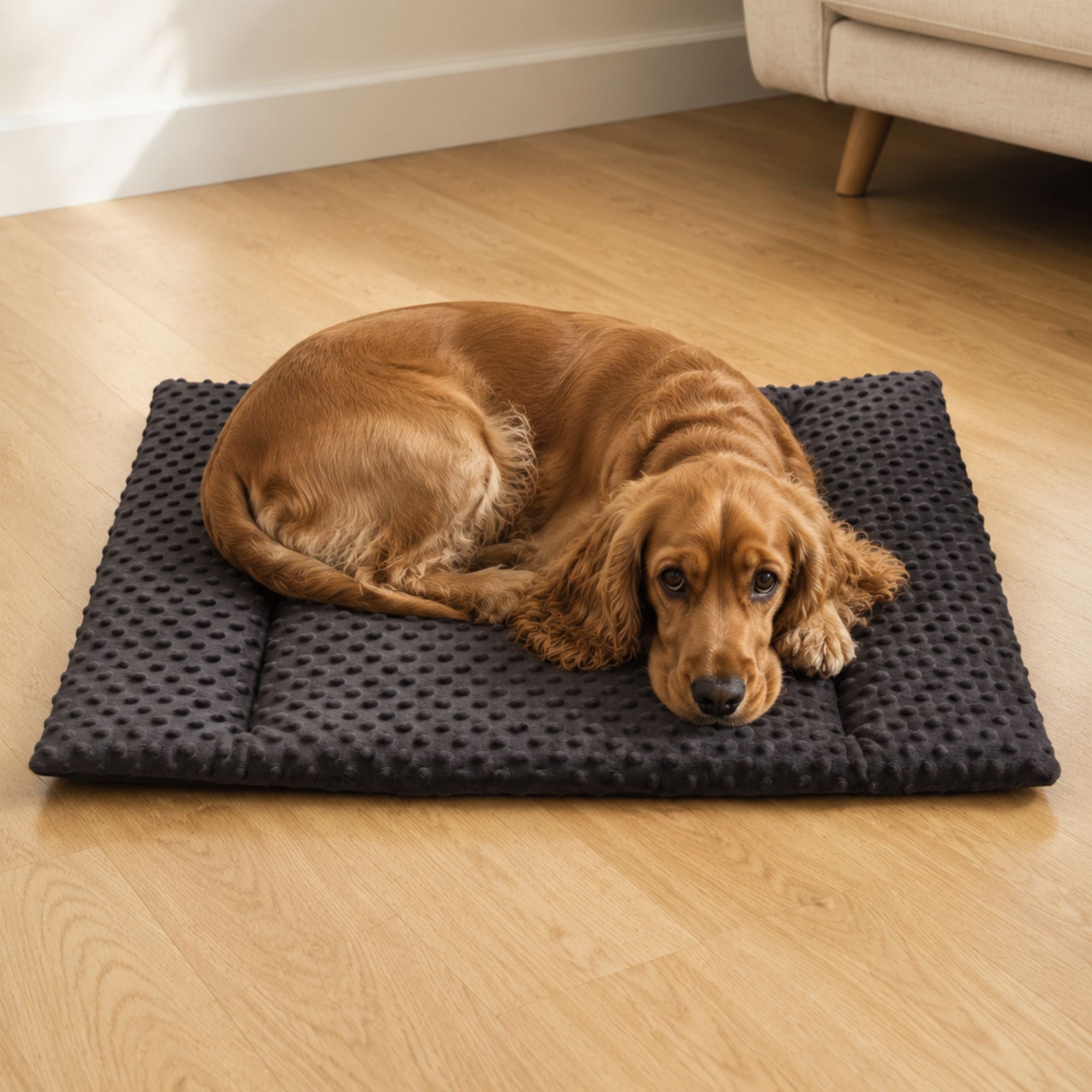 A brown dachshund lies curled up on a dark charcoal gray textured dog mat placed on a light wood floor in a living room setting.
