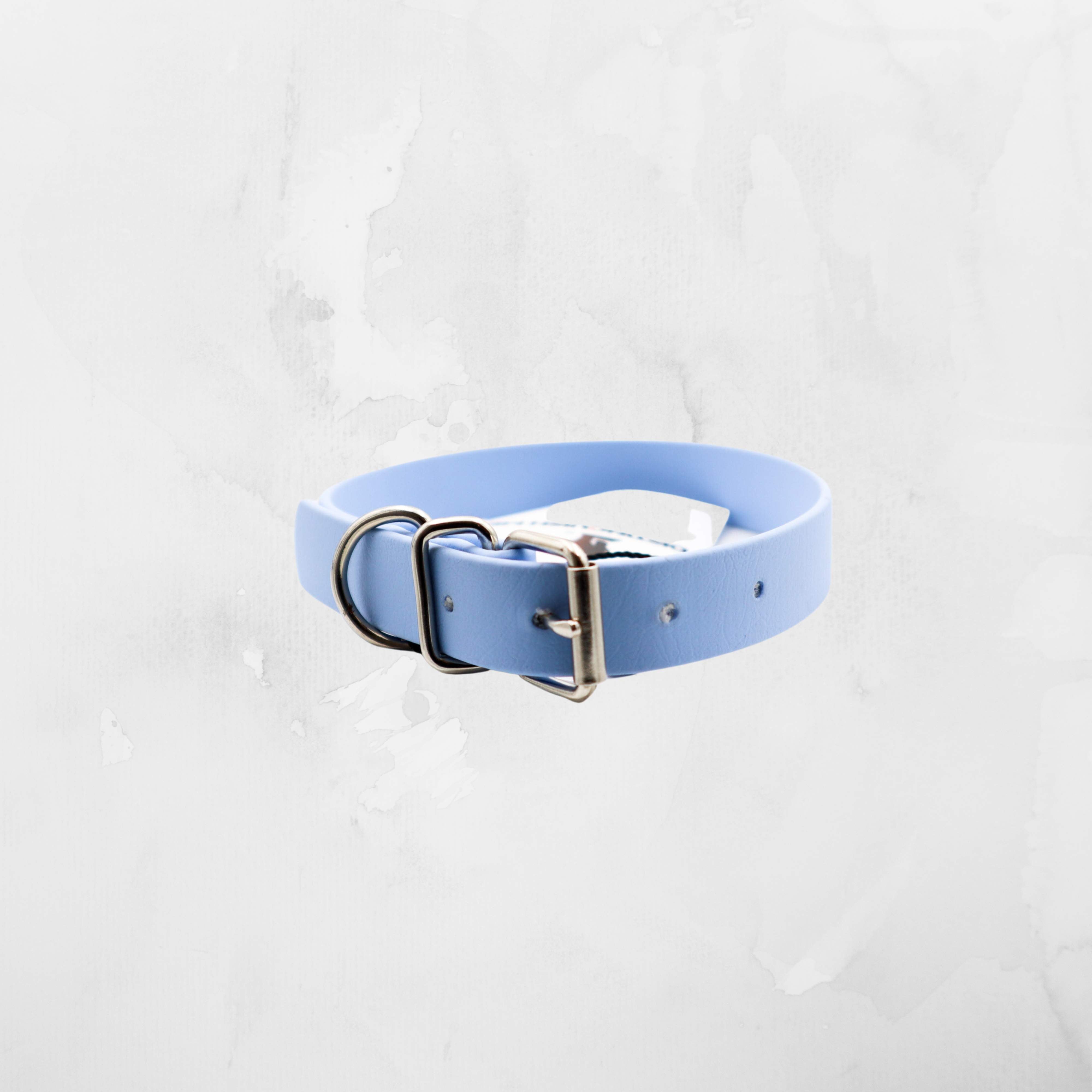 Polar-blue biothane dog collar with a unique silver double ring design from Distinguish Me