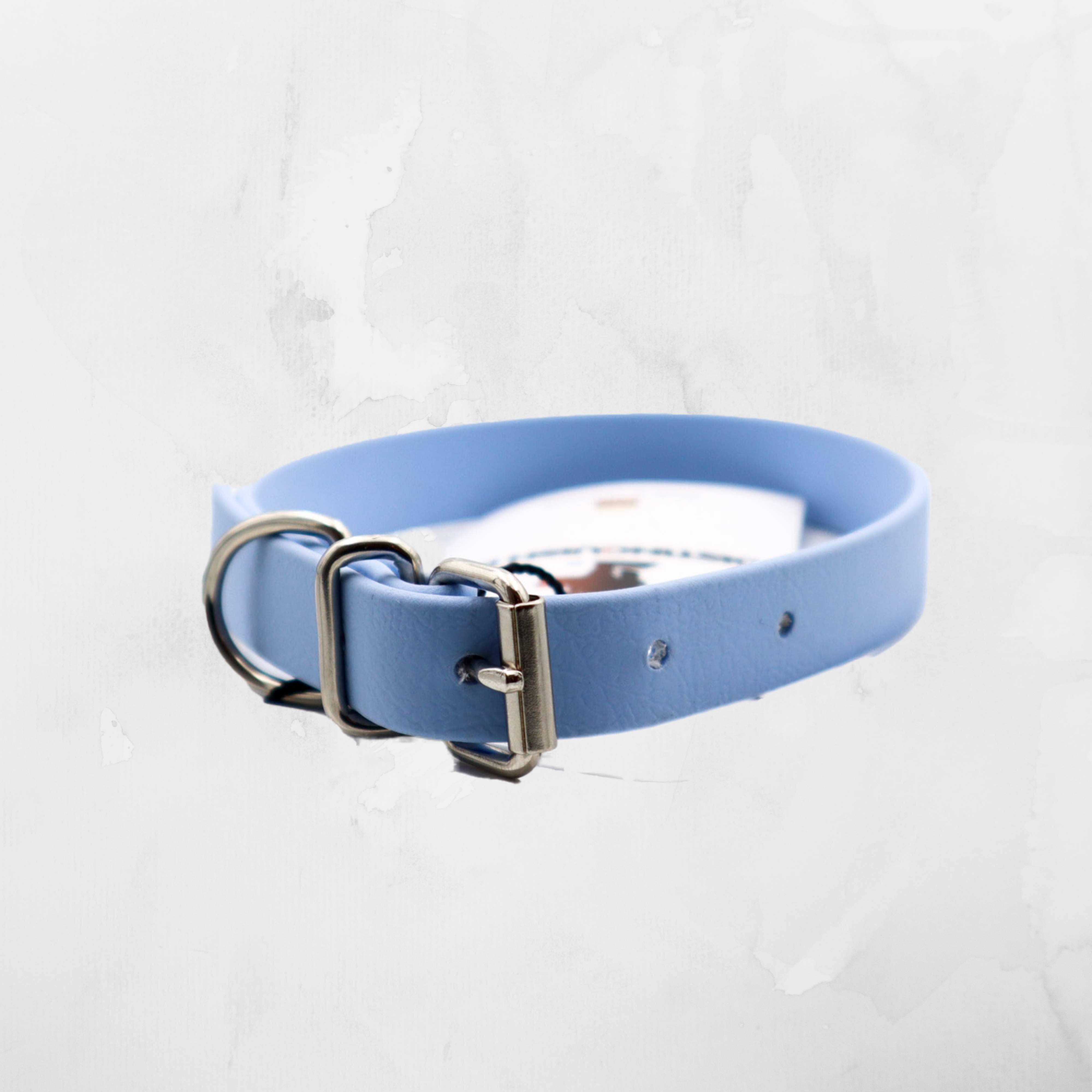 Sky-blue biothane dog collar with a unique silver double ring design from Distinguish Me.