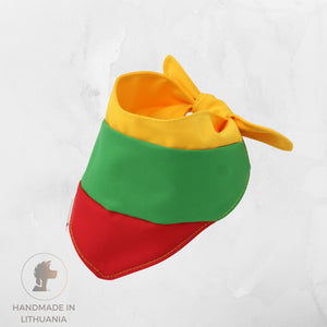 Colorful bandana with red, green, and yellow sections on a white background.