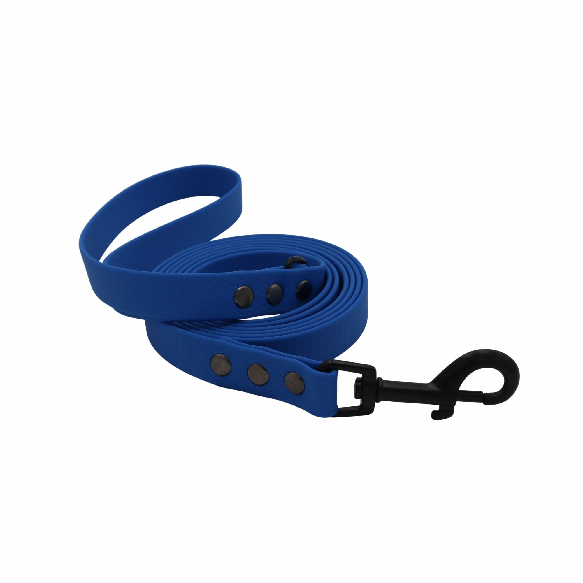 A blue adjustable fabric dog leash with a black metal clip and black adjustment snaps, shown on a plain white background.