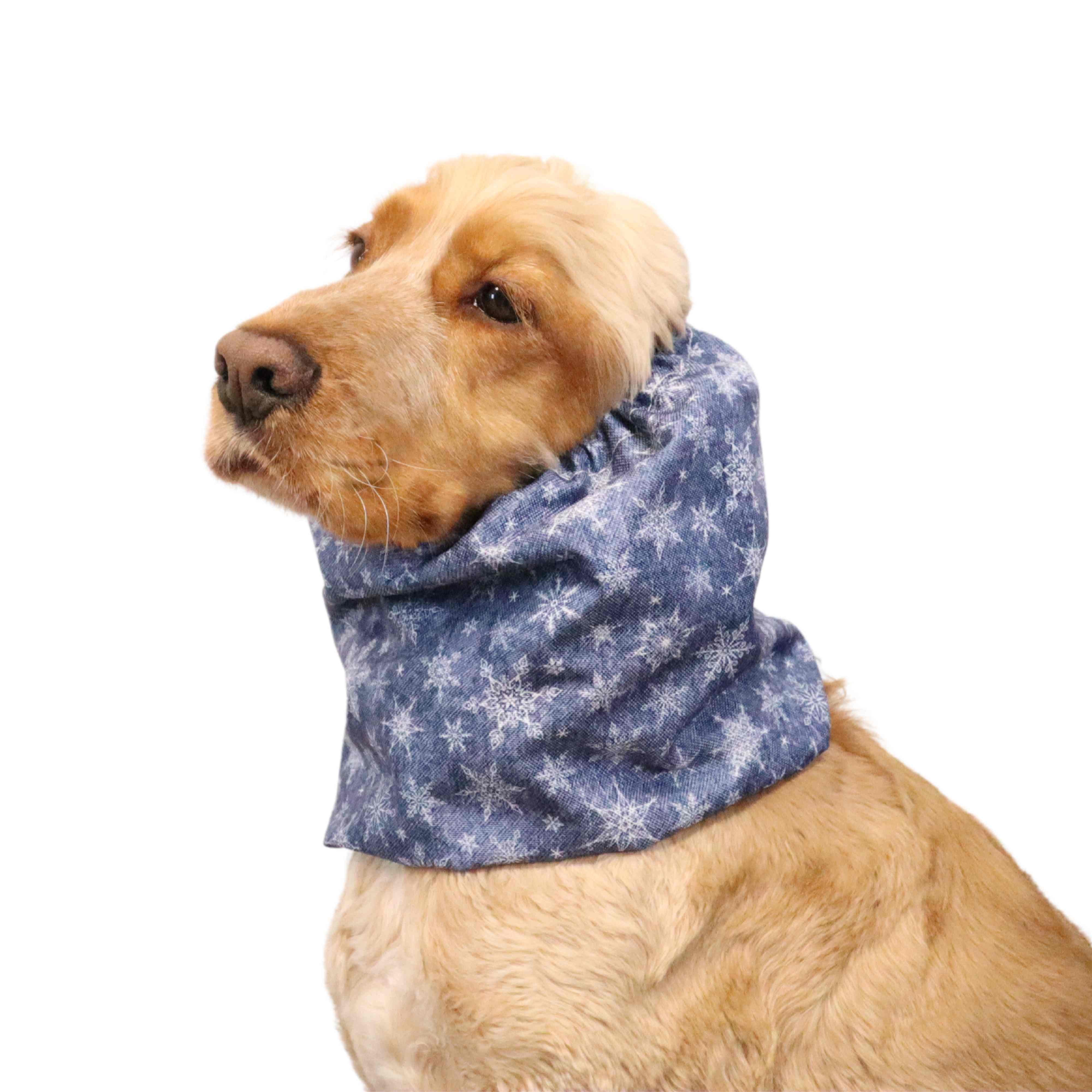 Dog with Waterproof Dog Snood with Snowflakes In Jeans Blue print by Distinguish Me