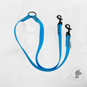 Blue dog leash with black clips on a white background