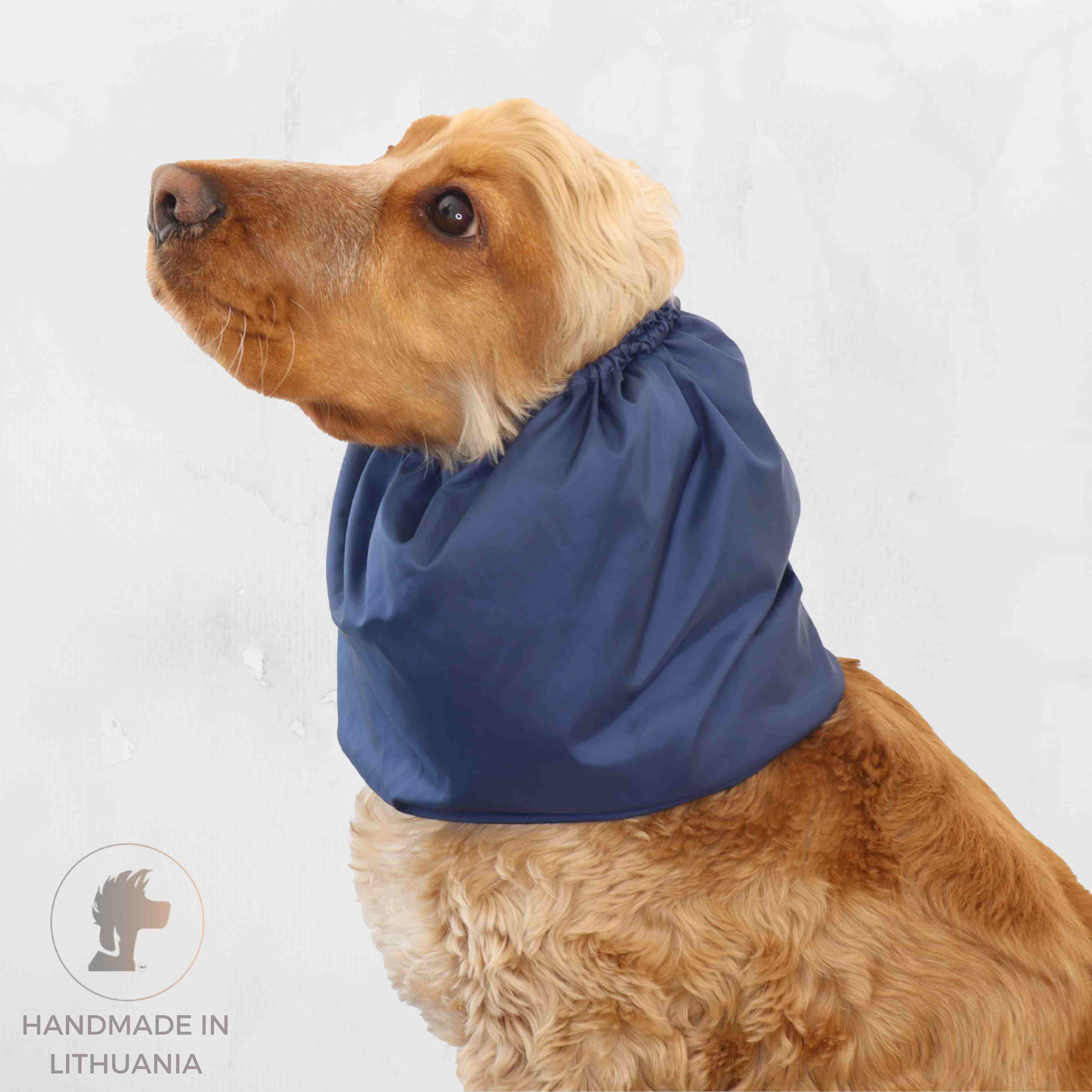 Navy blue dog snood for feeding distinguish me