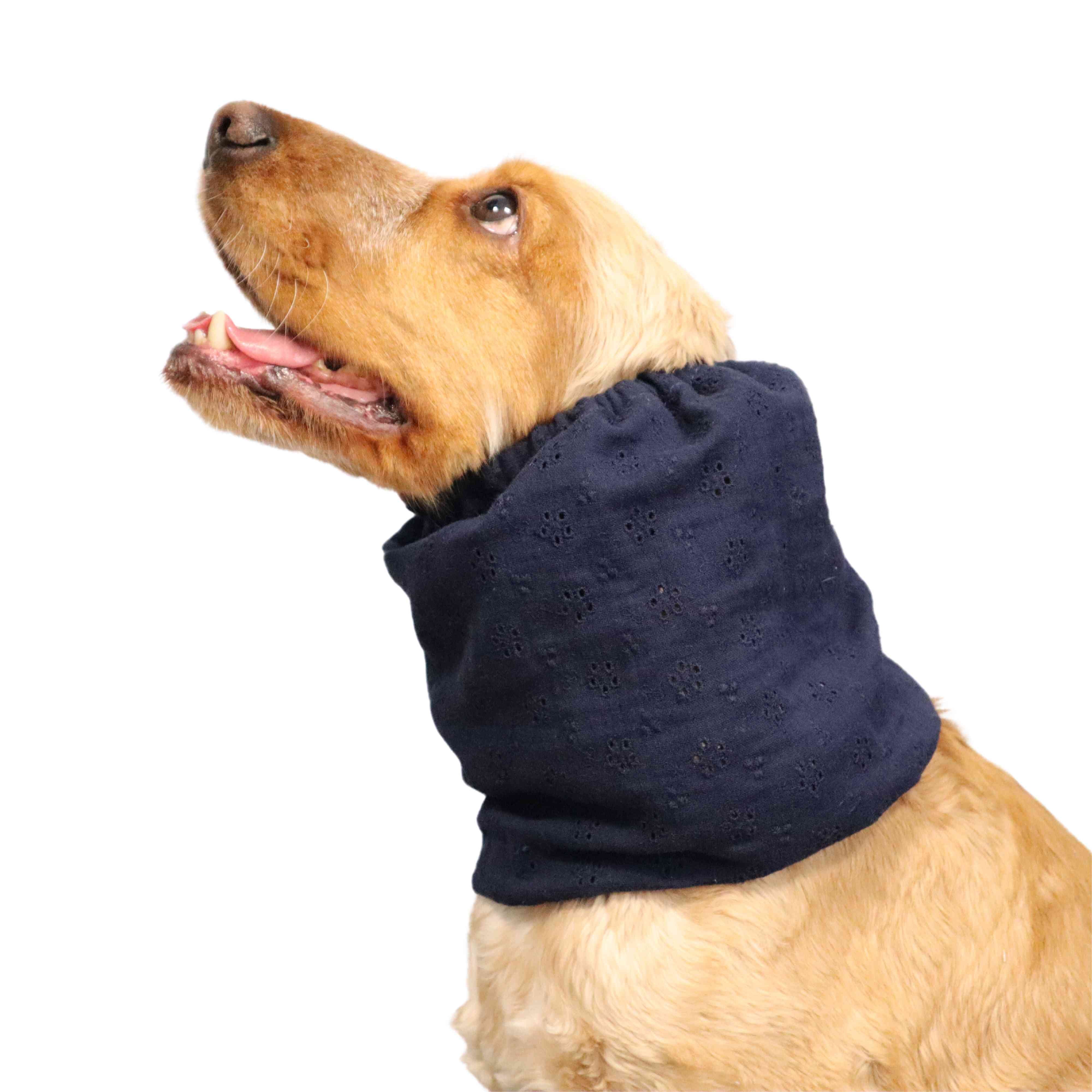 navy blue muslin dog snood with holes distinguish me