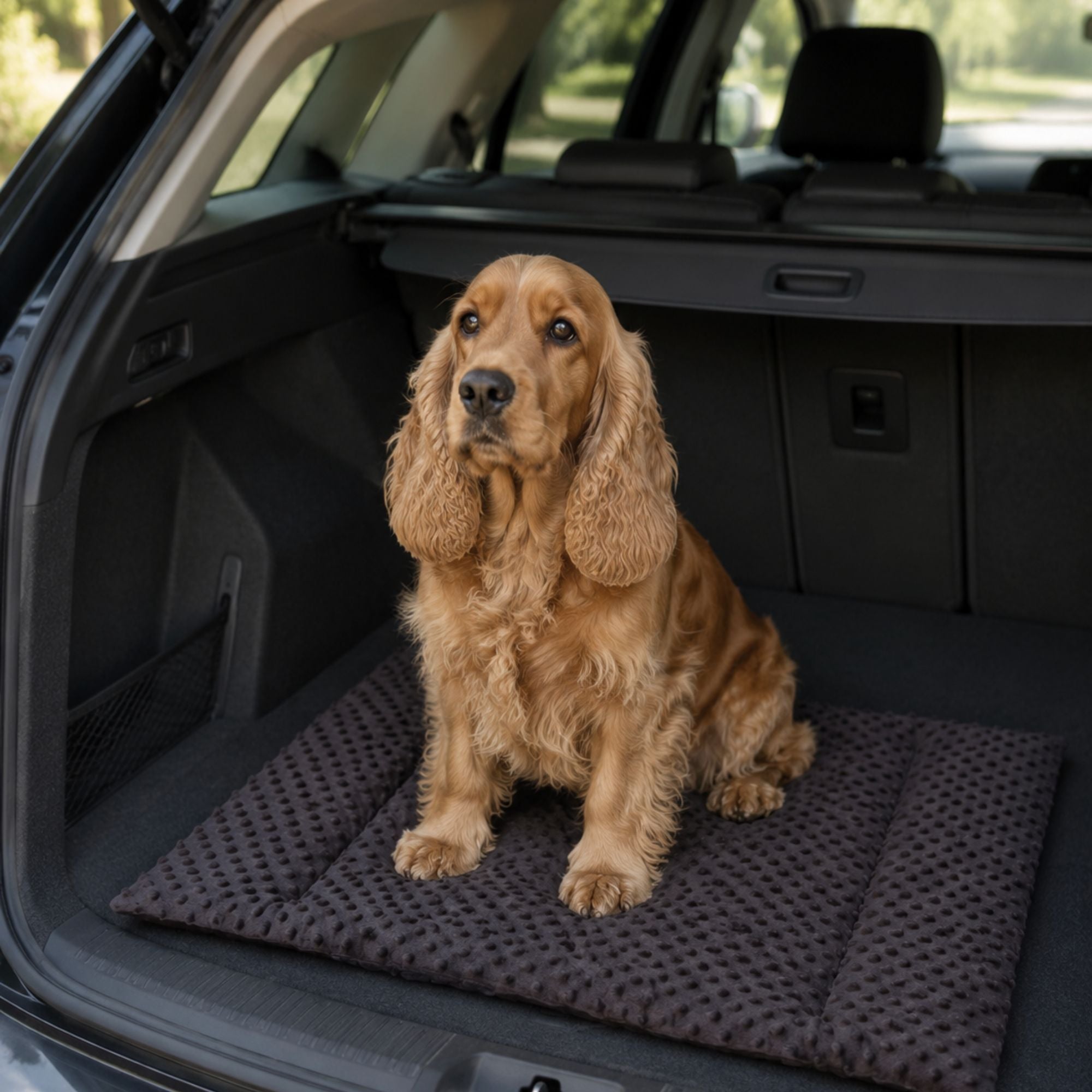 A golden spaniel dog sits on a dark brown textured pet mat inside the open trunk of a car.