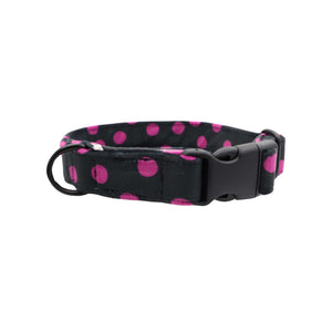 Adjustable velvet dog collar in black with pink dots, by Distinguish Me
