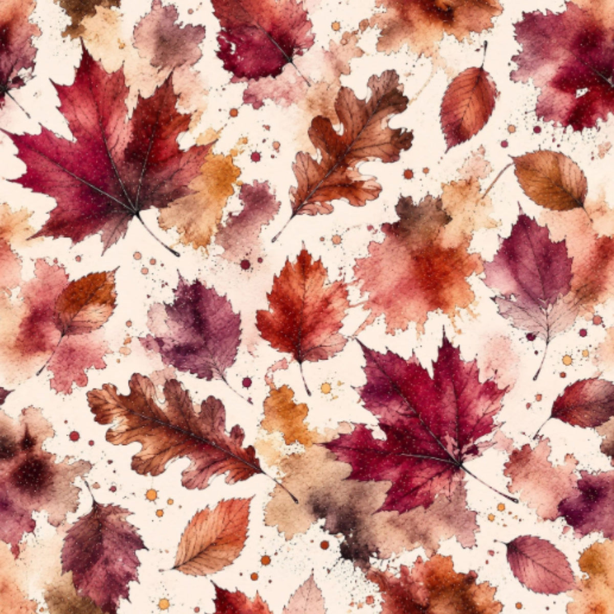 Close-up of the Autumn Maple pattern with burgundy, red, orange and brown autumn leaves on a light cream background.