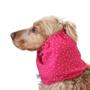 Long eared dog wearing a handmade Berry Dots summer snood by Distinguish Me