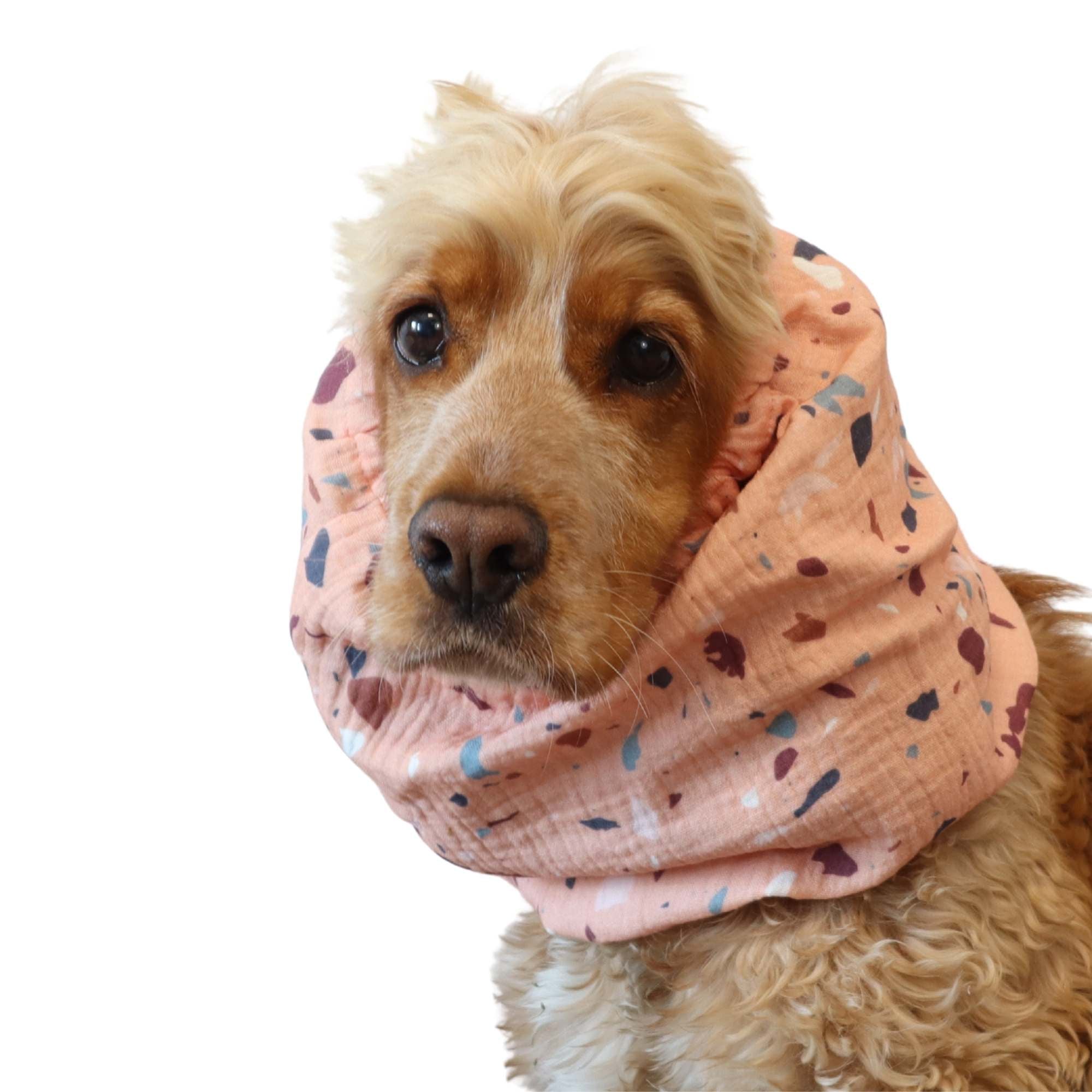 Cocker spaniel wearing boho style terrazzo cotton muslin snood for long ears by Distinguish Me